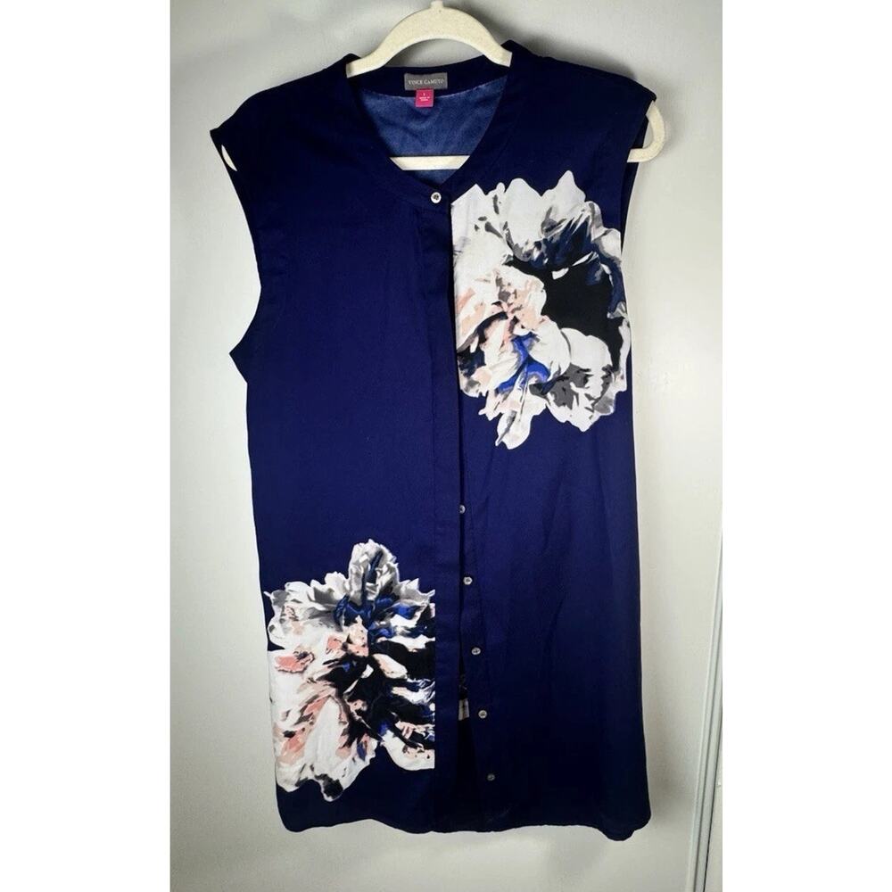 VINCE CAMUTO Sleeveless Floral Tunic Blouse Navy Blue Abstract Print Women’s L
